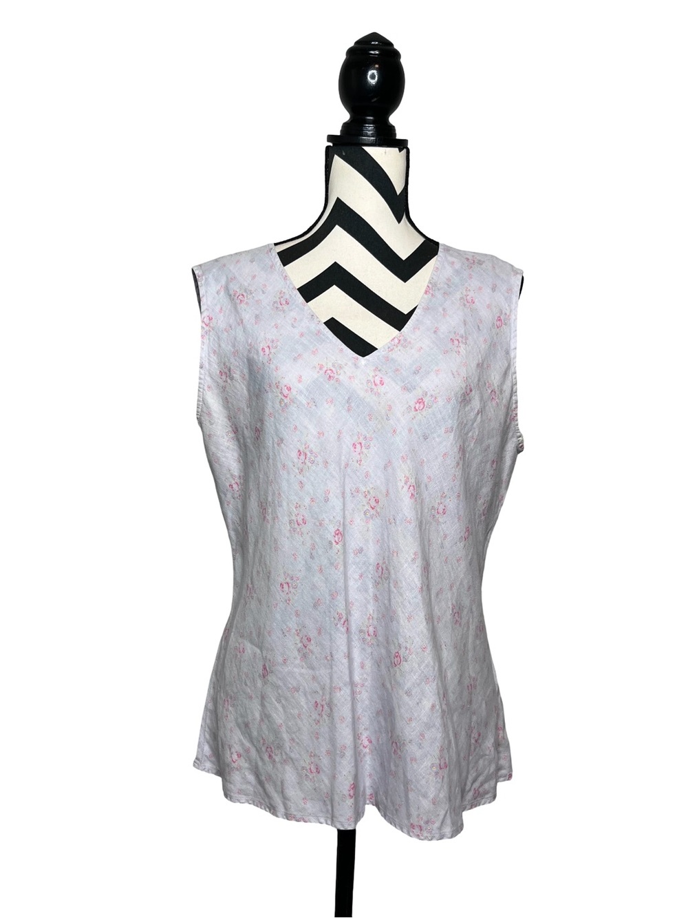 CP Shades Pure Irish Linen Dainty Floral Airy Sleeveless V-Neck Tunic Top Sz L